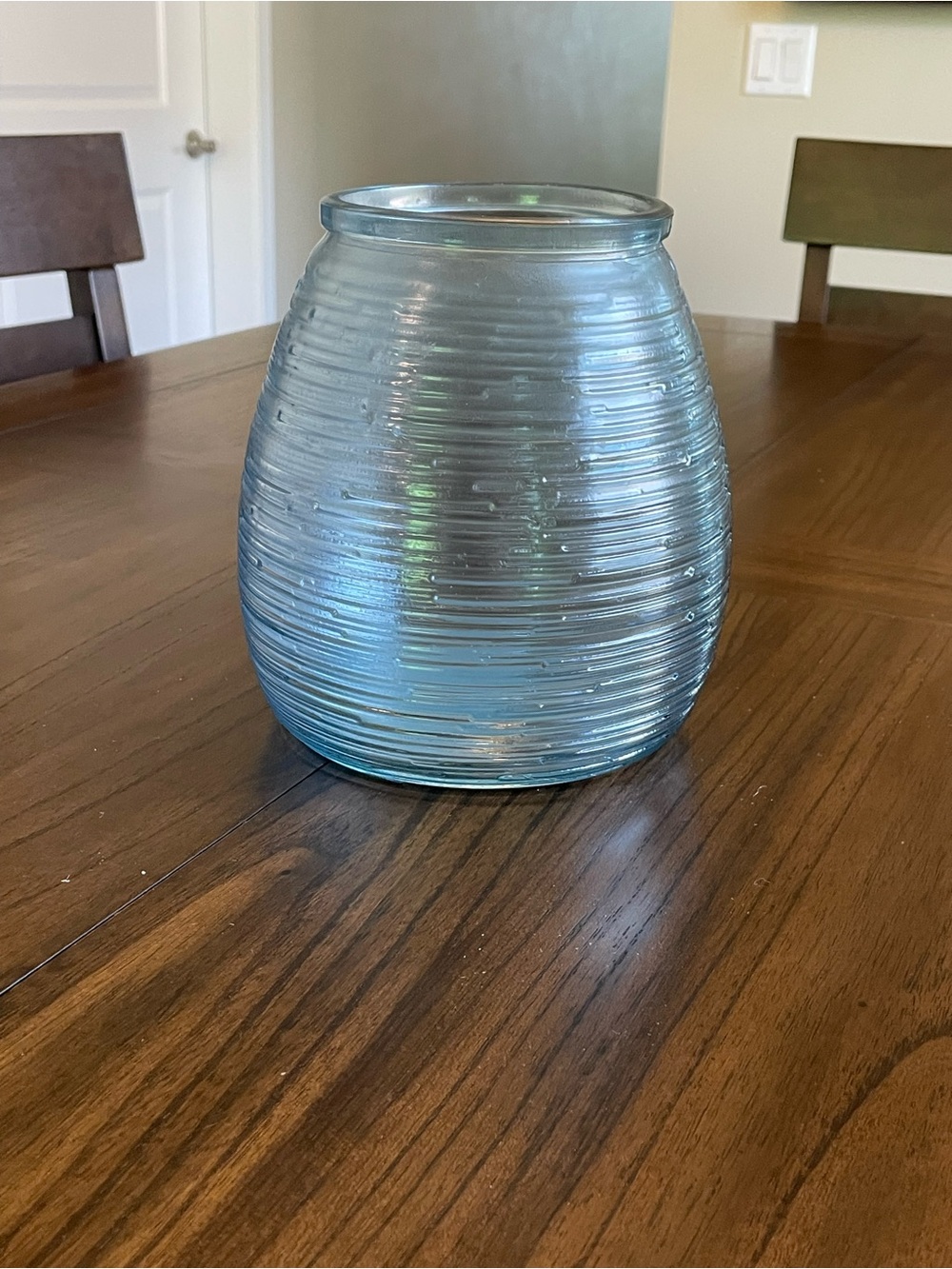 8" Blue Ribbed Glass Vase – Textured Bulbous Decorative Vase
